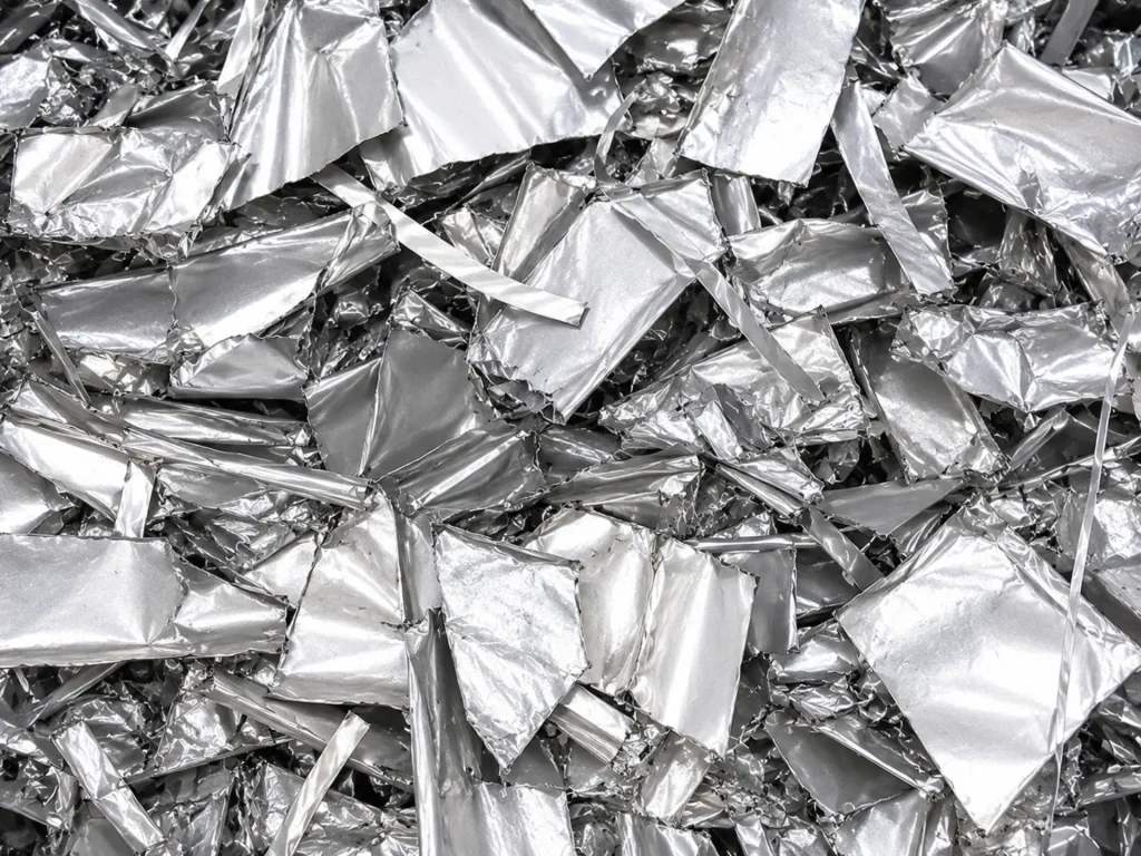 A pile of bright silver-plated metal offcuts awaiting de-plating.